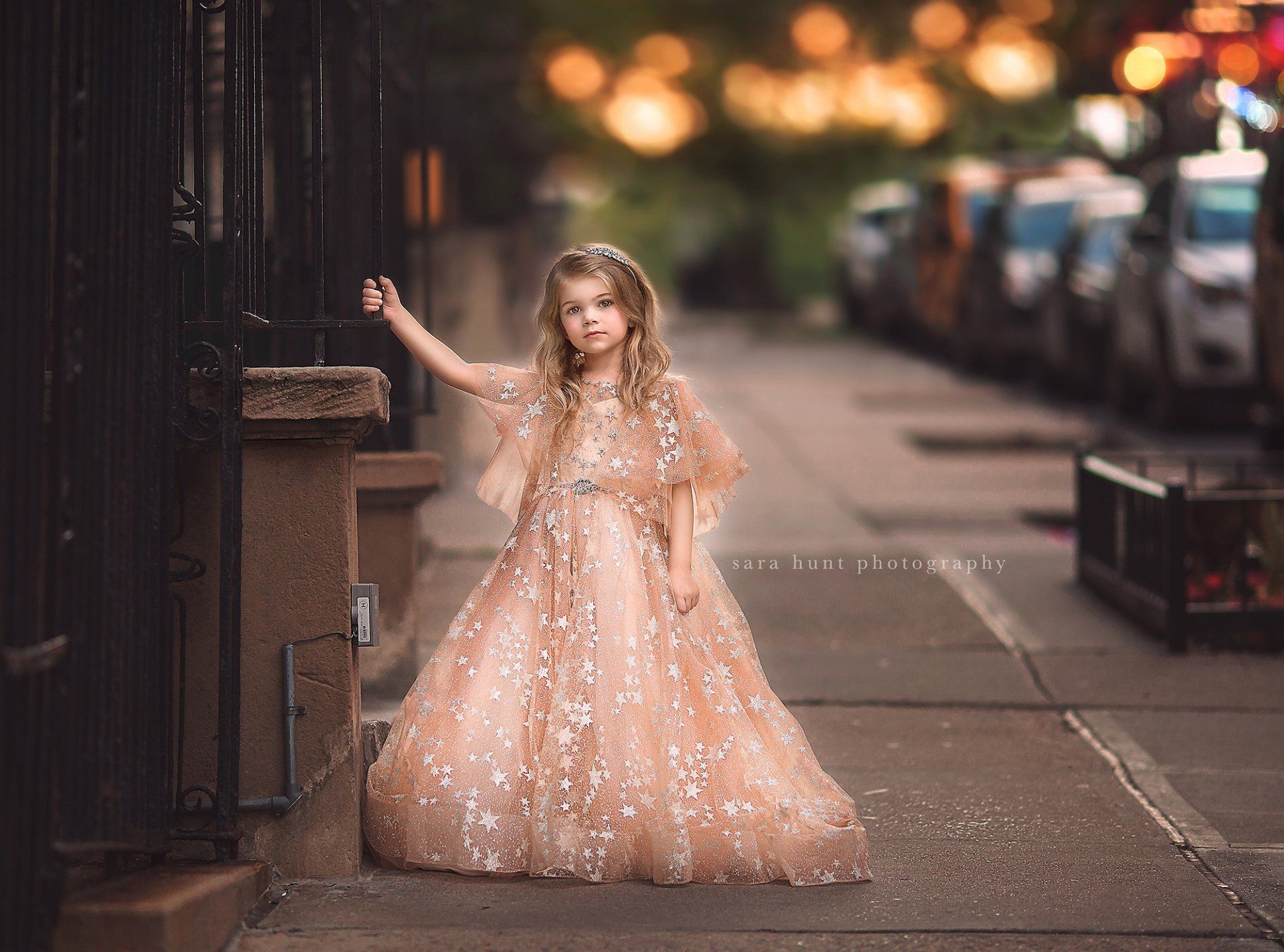 Girl wearing gold gown in the city — Pearland, TX — Sara Hunt Photography