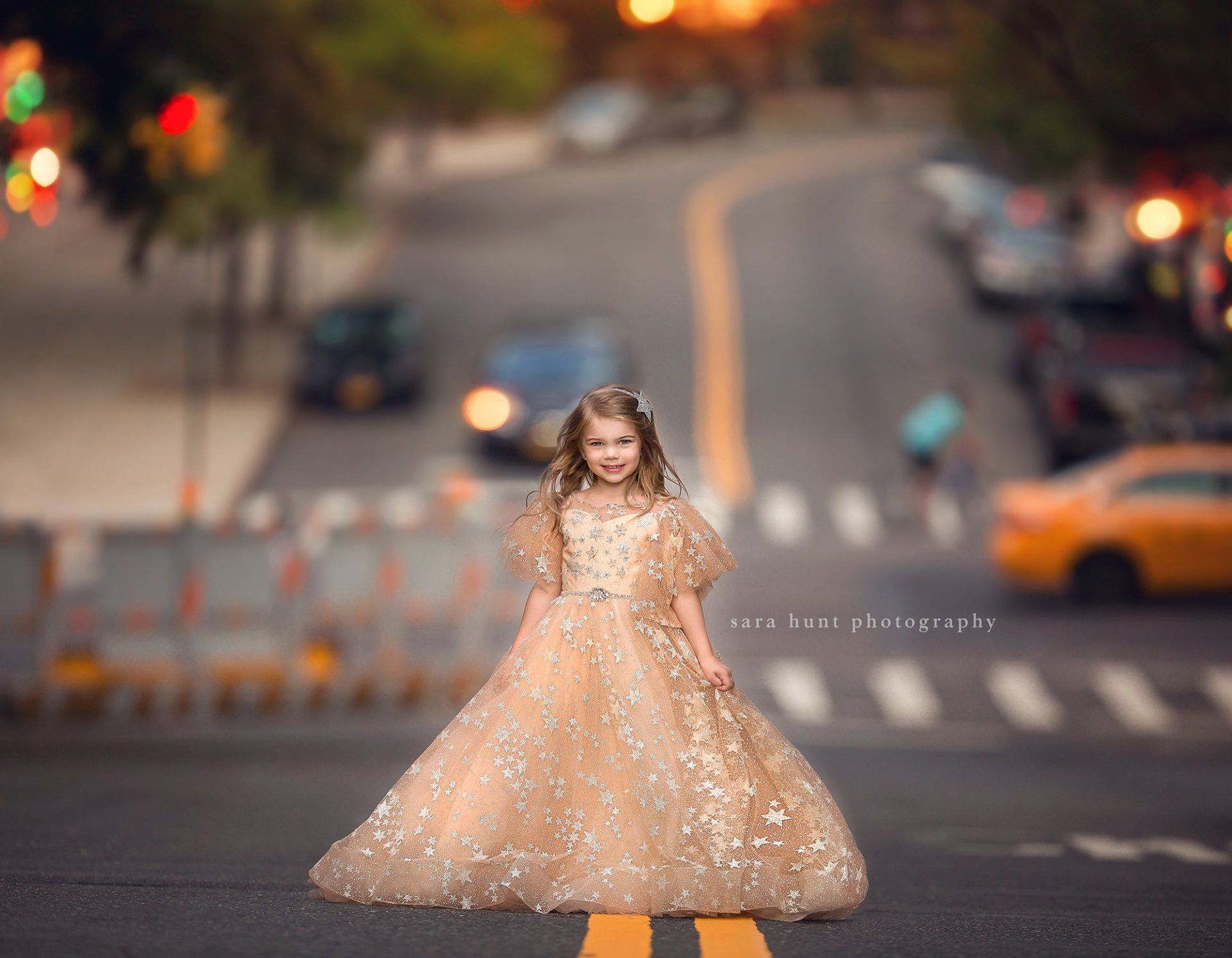 Girl wearing gold gown with cars in the background — Pearland, TX — Sara Hunt Photography