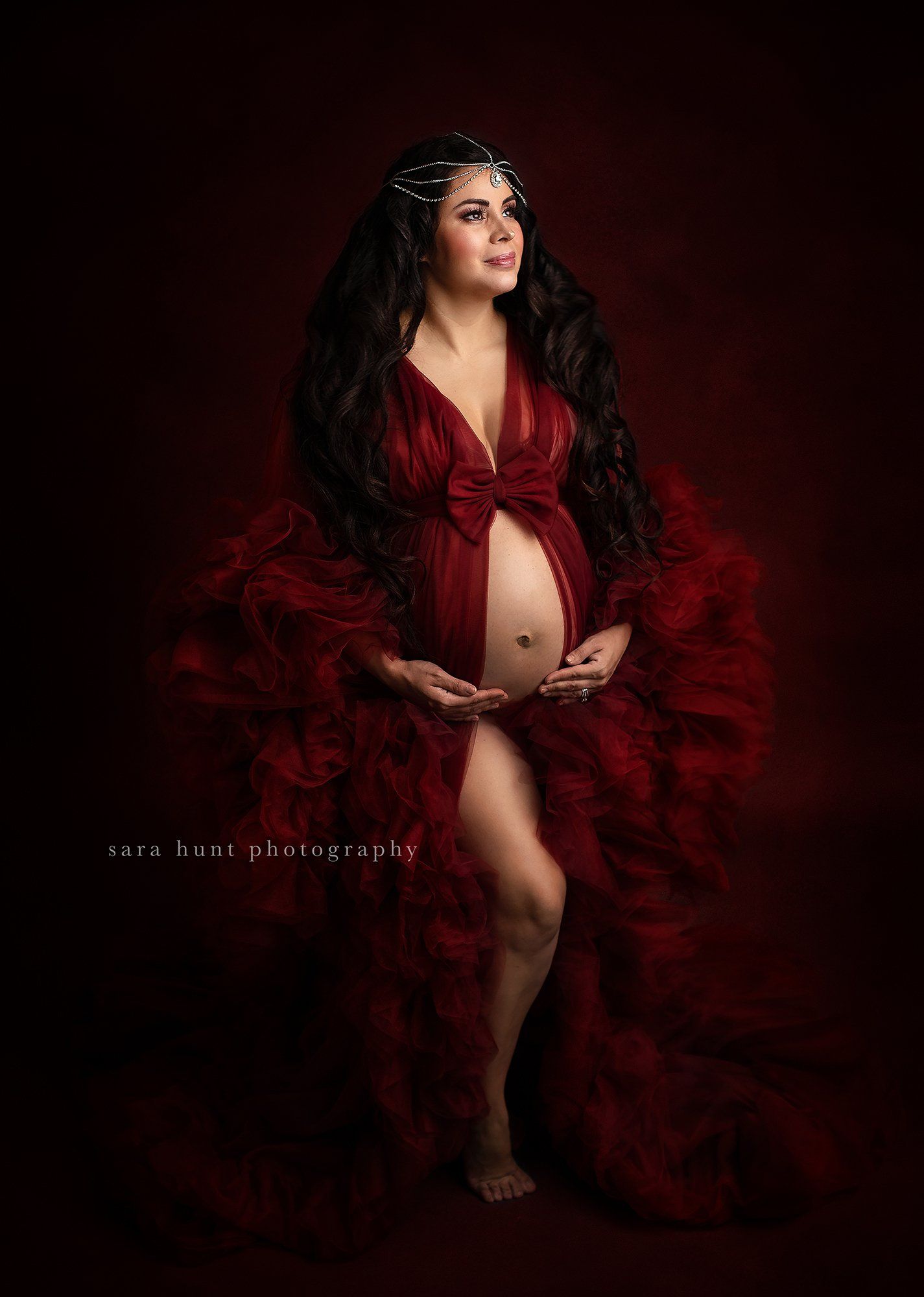 Pregnant woman wearing red dress — Pearland, TX — Sara Hunt Photography