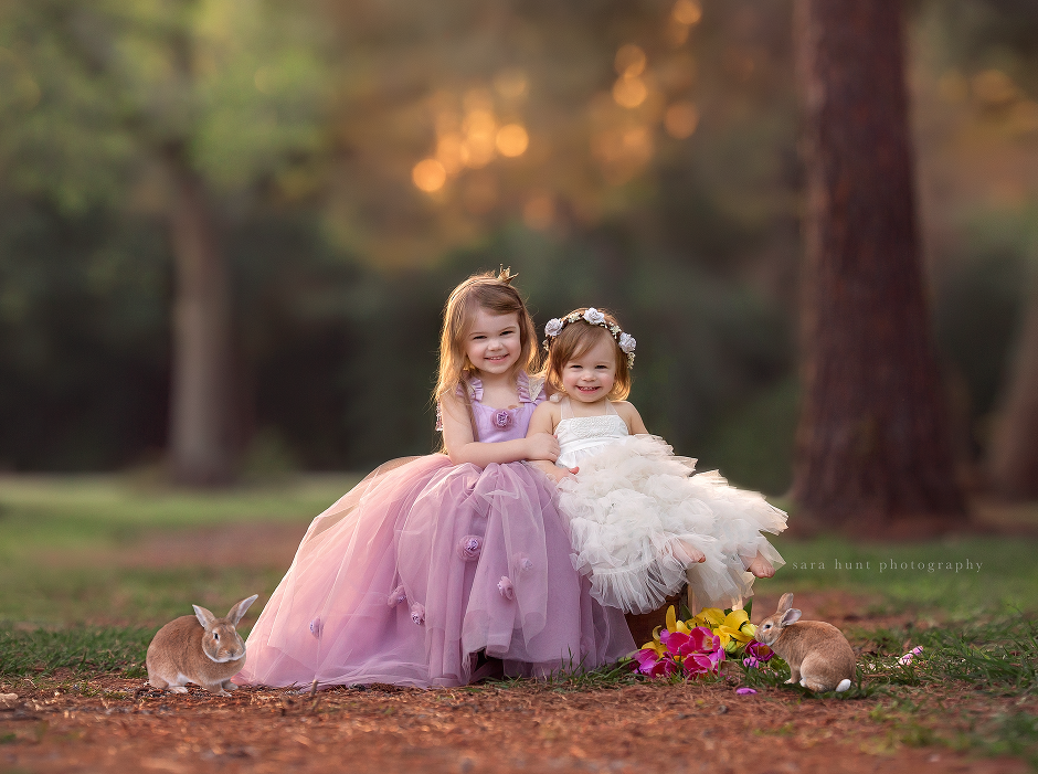 Two little girls with two rabbits — Pearland, TX — Sara Hunt Photography