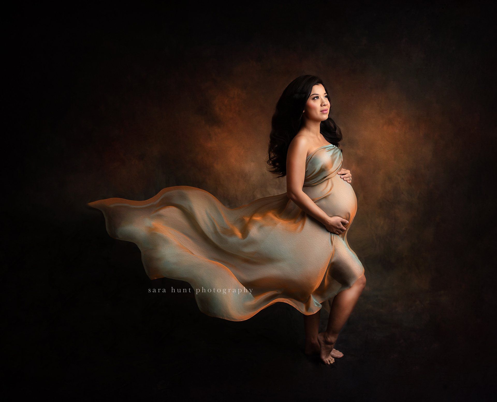 Pregnant woman wearing gold dress — Pearland, TX — Sara Hunt Photography