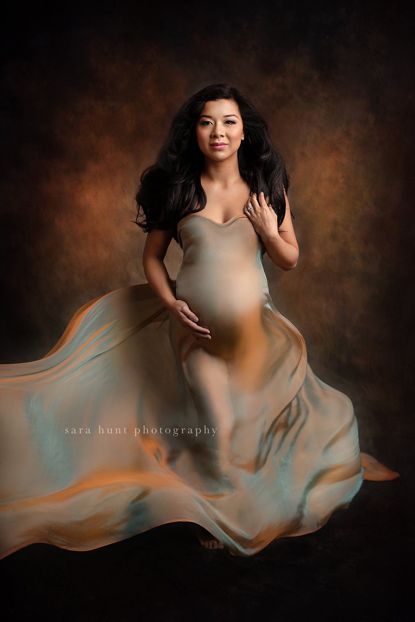 Front shot of pregnant woman wearing gold dress — Pearland, TX — Sara Hunt Photography