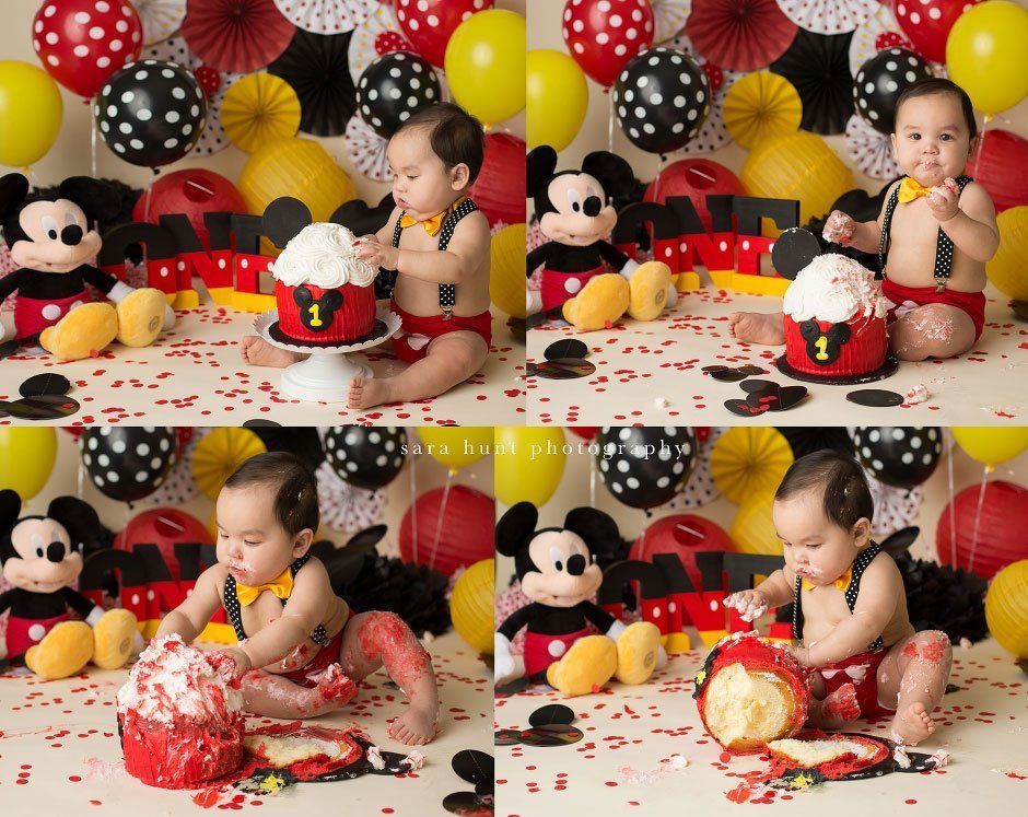 Kid smashing the mickey mouse cake — Pearland, TX — Sara Hunt Photography