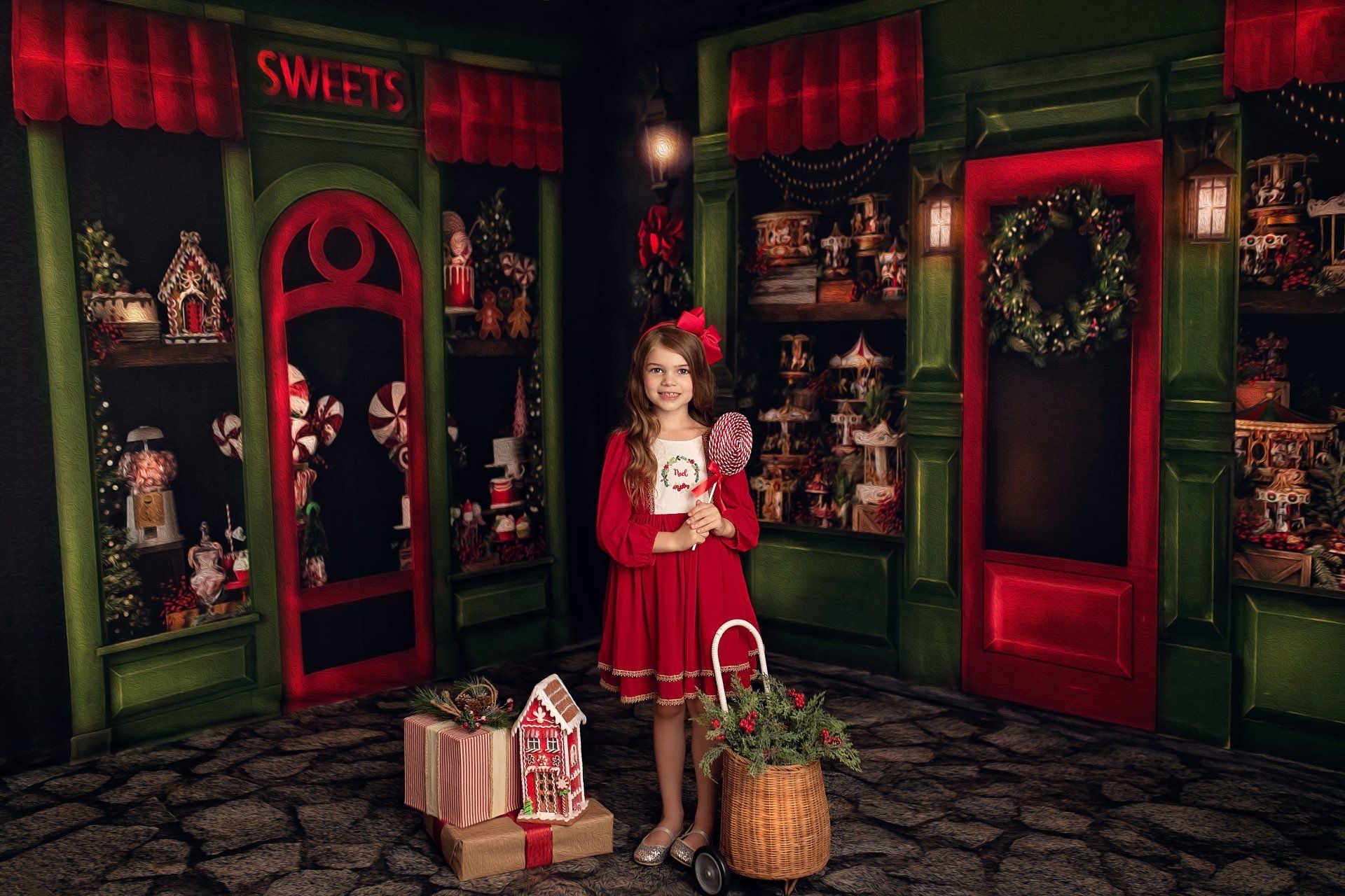 Girl in red dress holding a big lollipop — Pearland, TX — Sara Hunt Photography