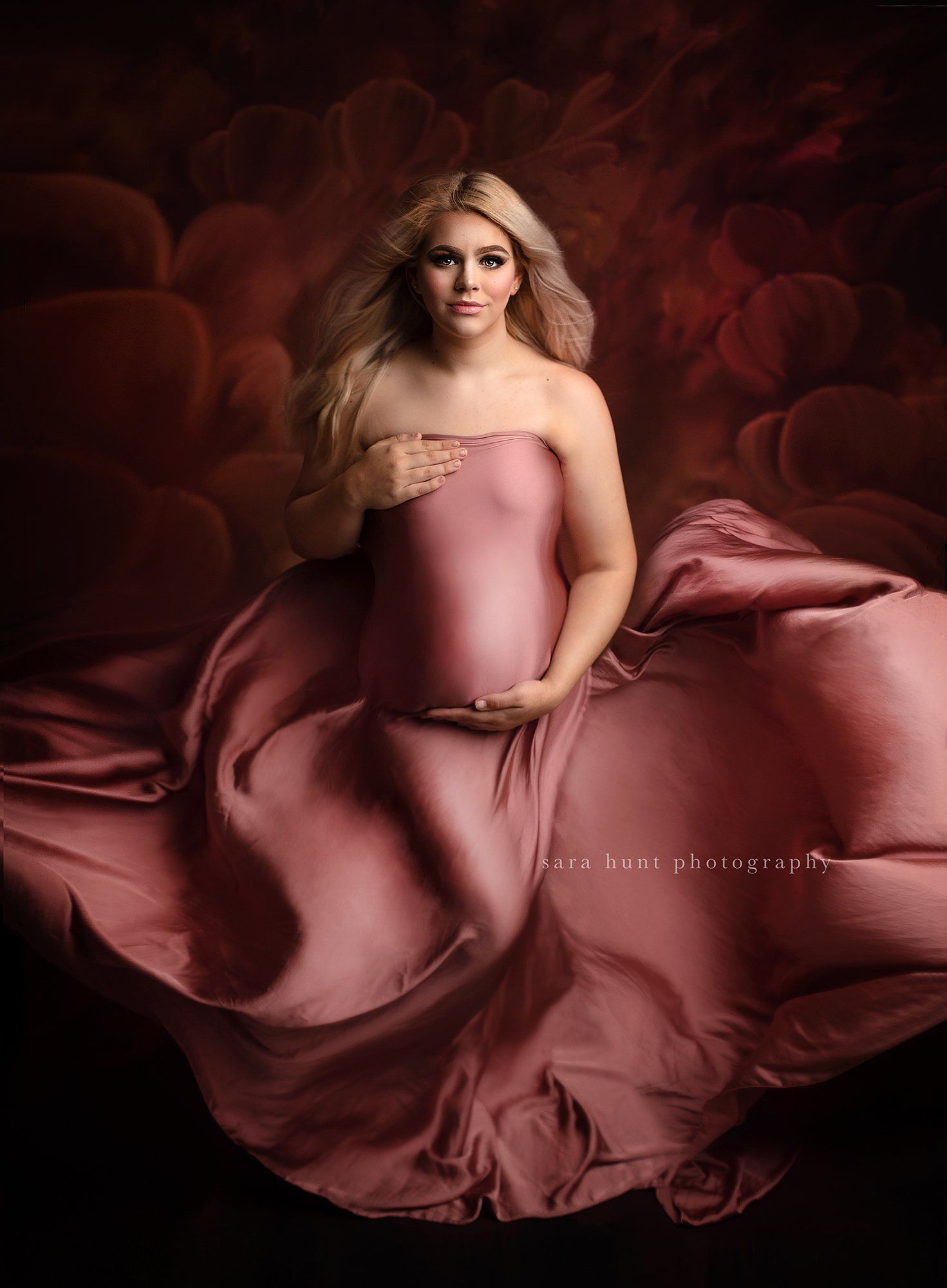 Front shot of pregnant woman wearing pink dress — Pearland, TX — Sara Hunt Photography