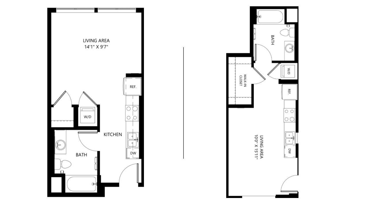 Two black-and-white floor plan layouts of a small building interior with labeled rooms and doors
