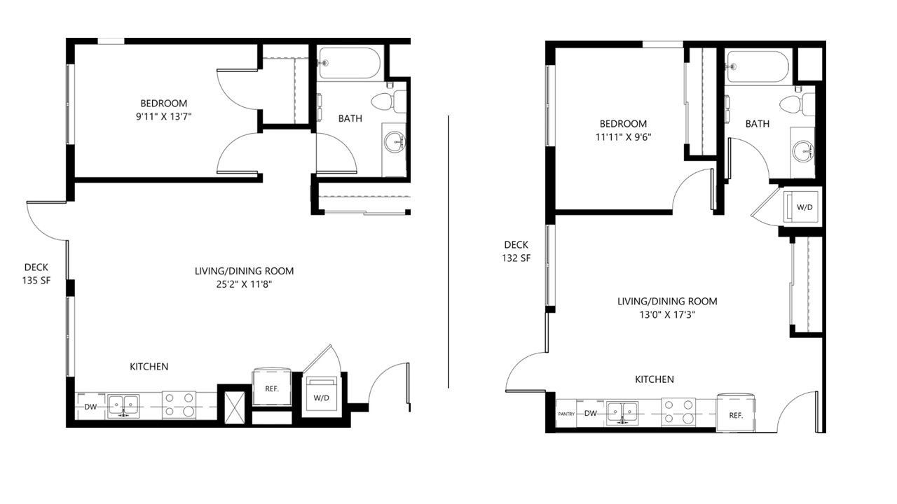 Two black-and-white floor plans of apartment layouts side by side