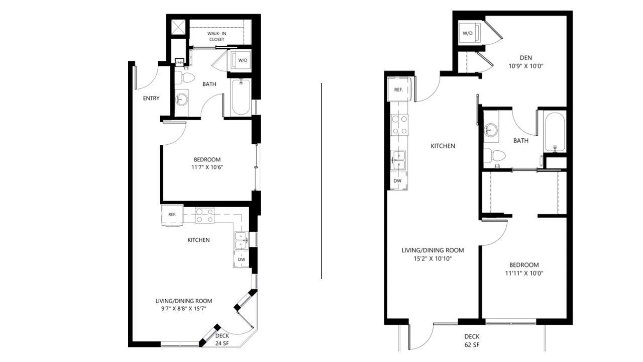 Two black-and-white floor plan drawings of small residential units side by side