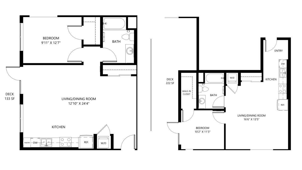 Black-and-white floor plan with two apartment layout diagrams side by side.