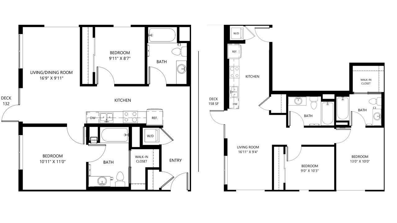 Black-and-white floor plan blueprint showing two home layouts side by side.
