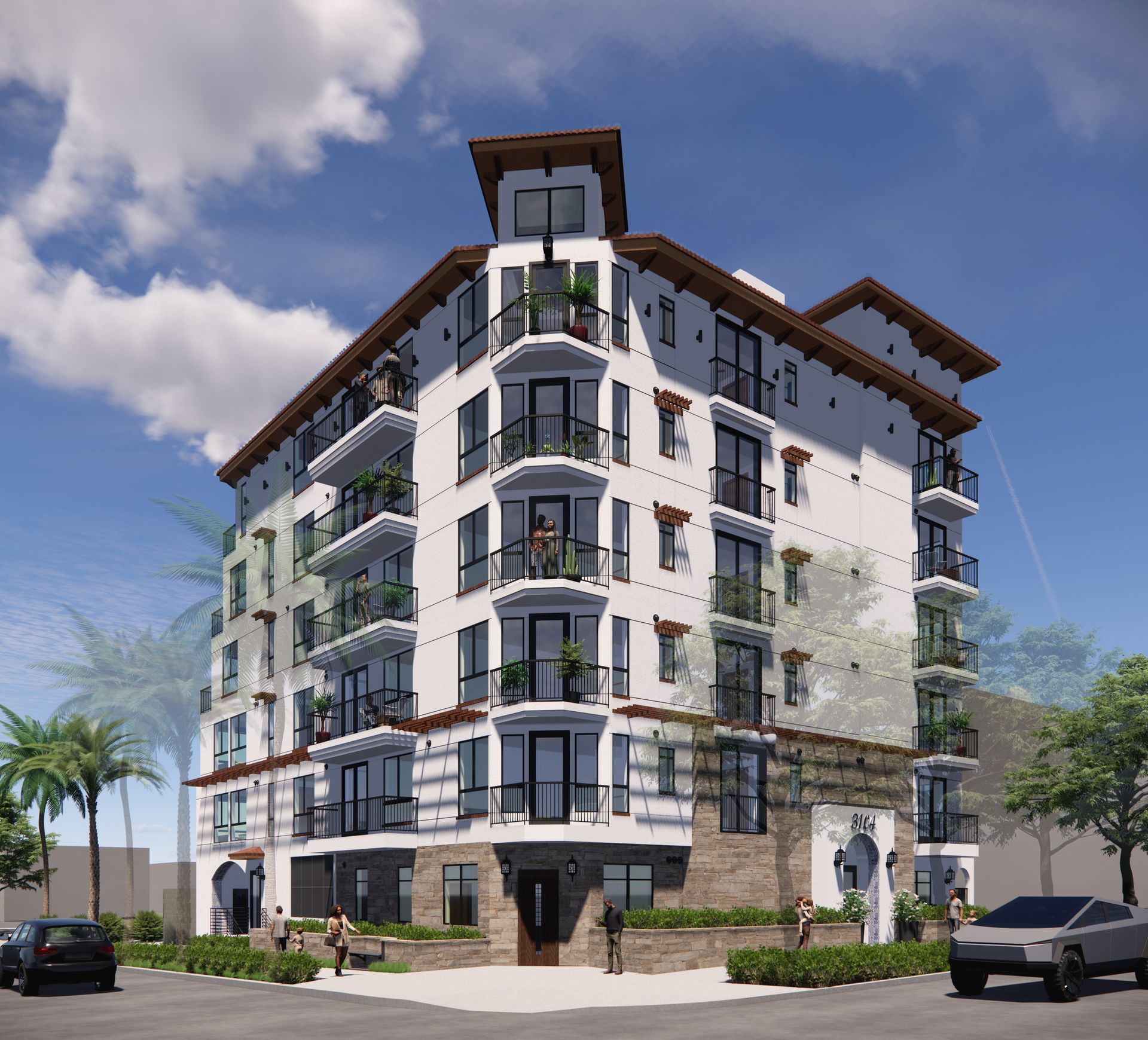 Modern five-story apartment building with balconies, stone base, and parked cars on a sunny street