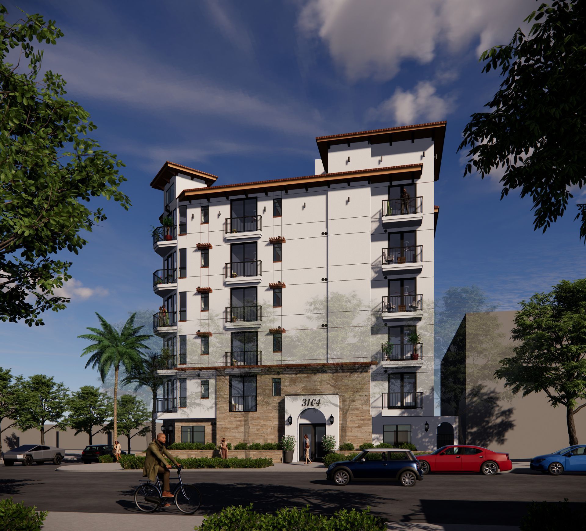 Modern six-story apartment building with balconies, parked cars, and trees under a blue sky