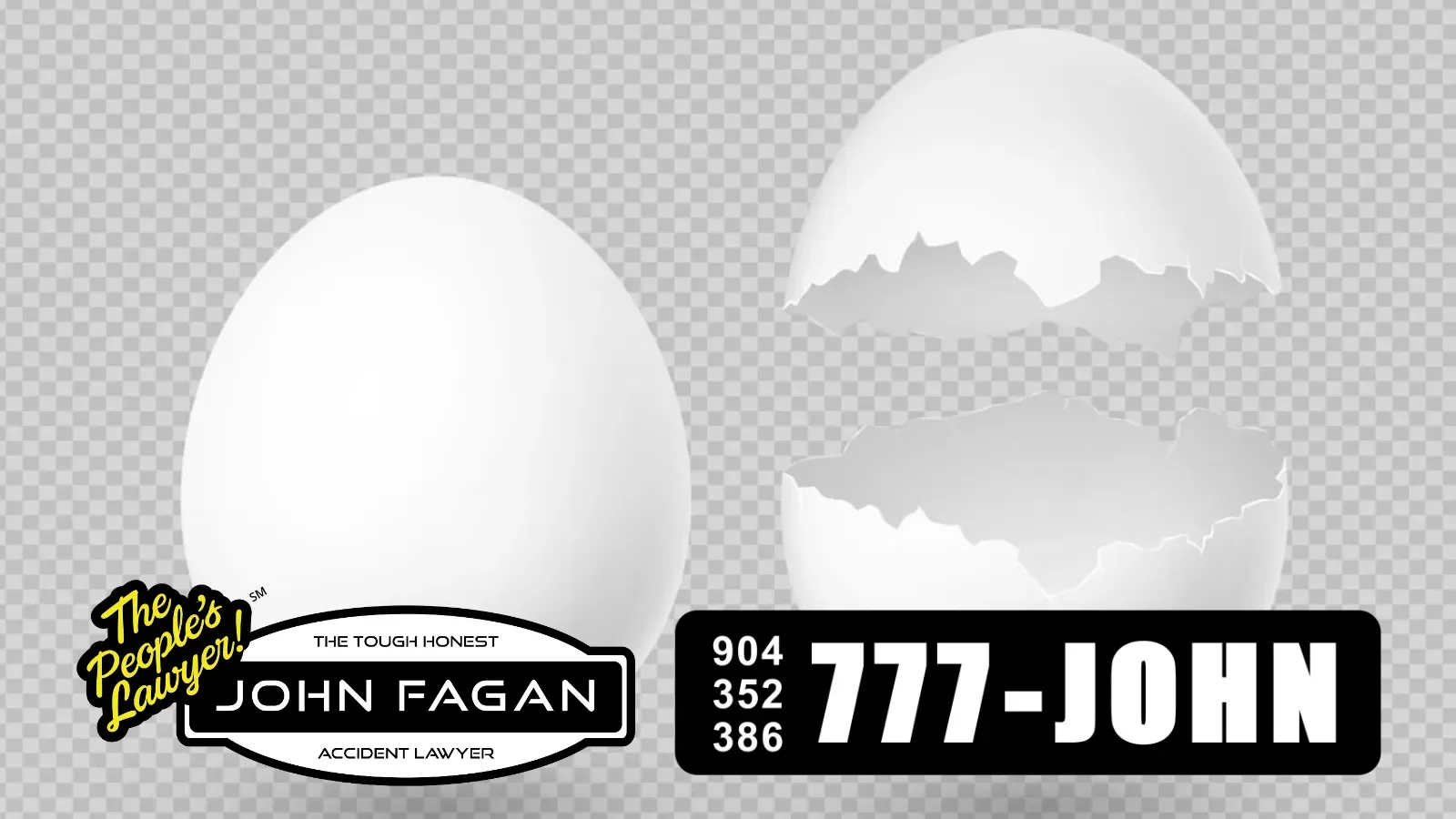 A broken egg next to a sticker that says 777-john