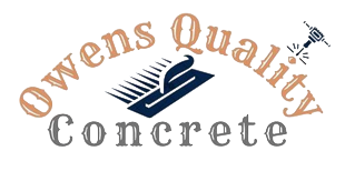 Logo for "Owens Quality Concrete" featuring a blue masonry trowel icon and a small jackhammer icon on a white background.