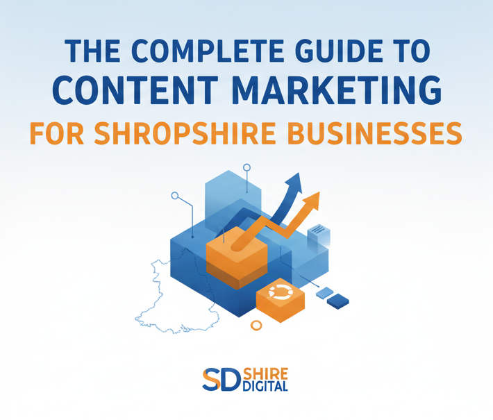 Complete guide to content marketing for Shropshire businesses, with blue and orange graphic and SD Shire Digital logo