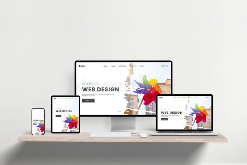 Devices displaying a website mockup: phone, tablet, monitor, and laptop on a shelf against a white wall.