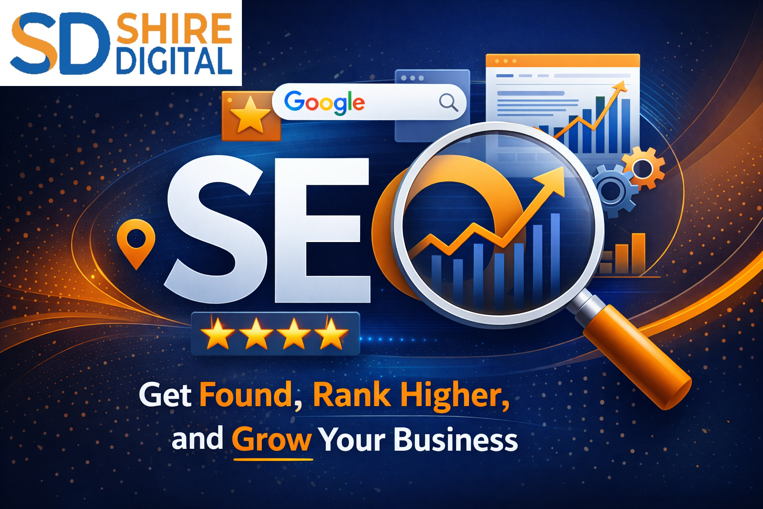 SEO marketing graphic with magnifying glass over analytics chart and text: “Get Found, Rank Higher, and Grow Your Business”