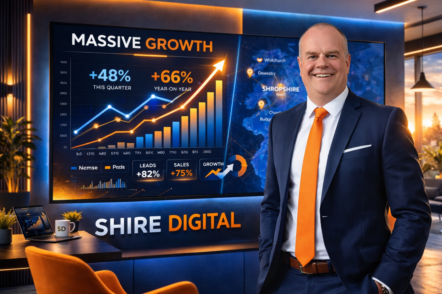 Man in suit at desk, viewing financial data on large screen. Orange, blue accents; indoor office setting.