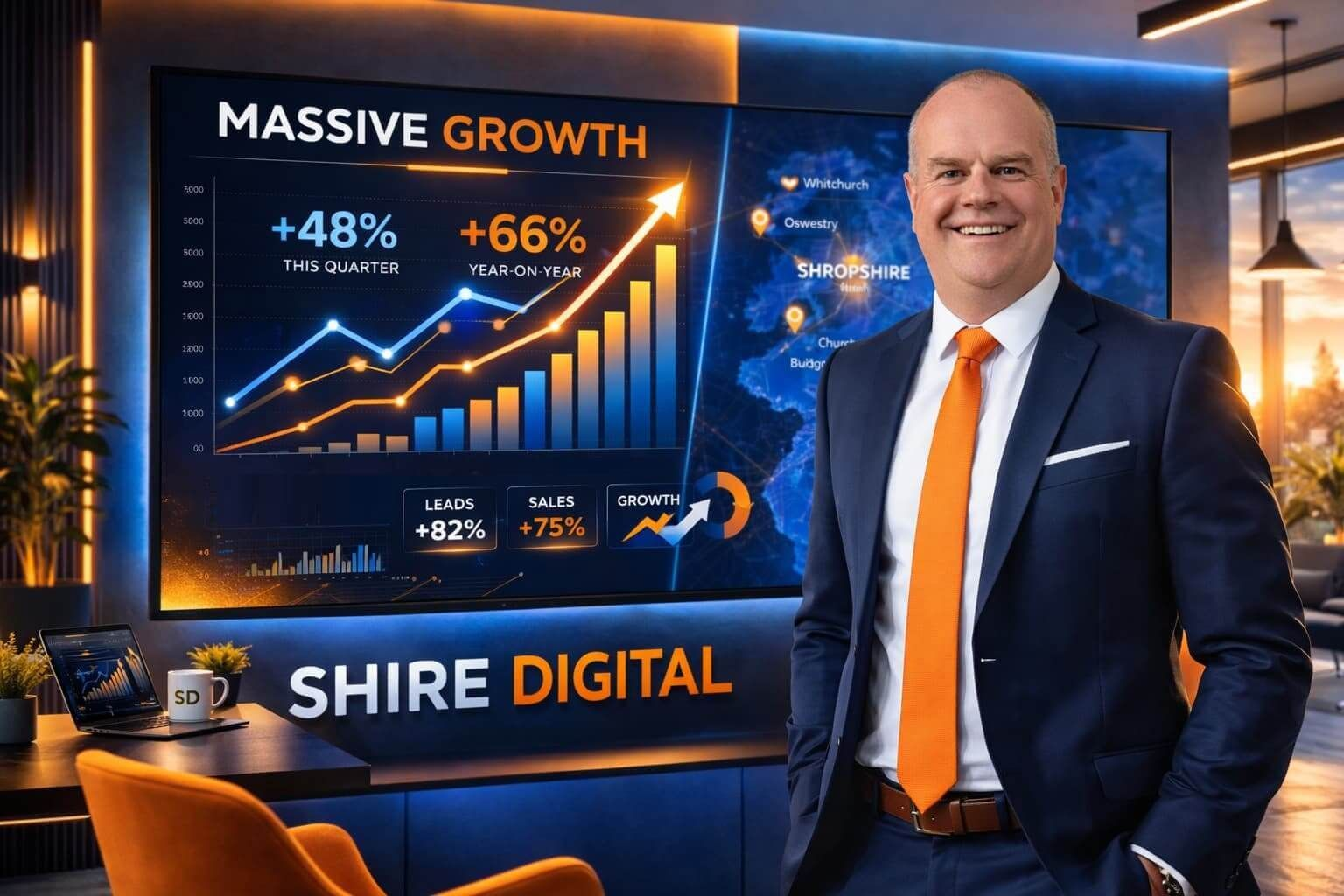 Simon Green from SHire Digital is standing in a modern office with financial data on a large wall-mounted screen.