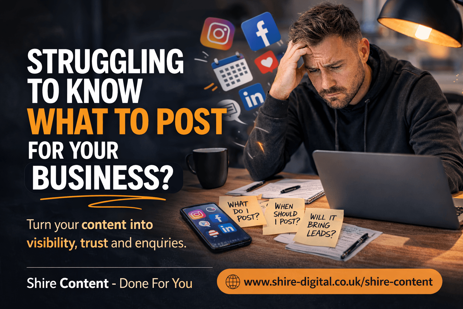 Stressed person looking at a laptop with marketing icons, text asking