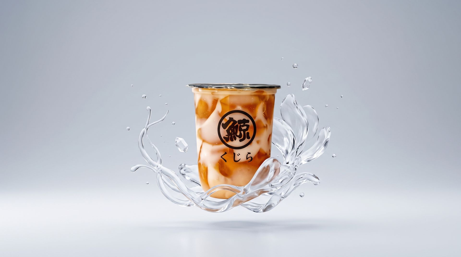 Iced bubble tea in a clear cup with splashing water on a white background