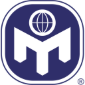A blue, rounded square logo featuring a white stylized "M" with a white globe icon positioned above the central peak.