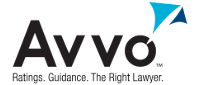 Avvo logo with black text and a blue stylized swoosh above the letter o, with the tagline Ratings. Guidance. The Right Lawyer.