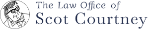 Logo for The Law Office of Scot Courtney featuring a circular illustration of a person wearing glasses and a bowtie.