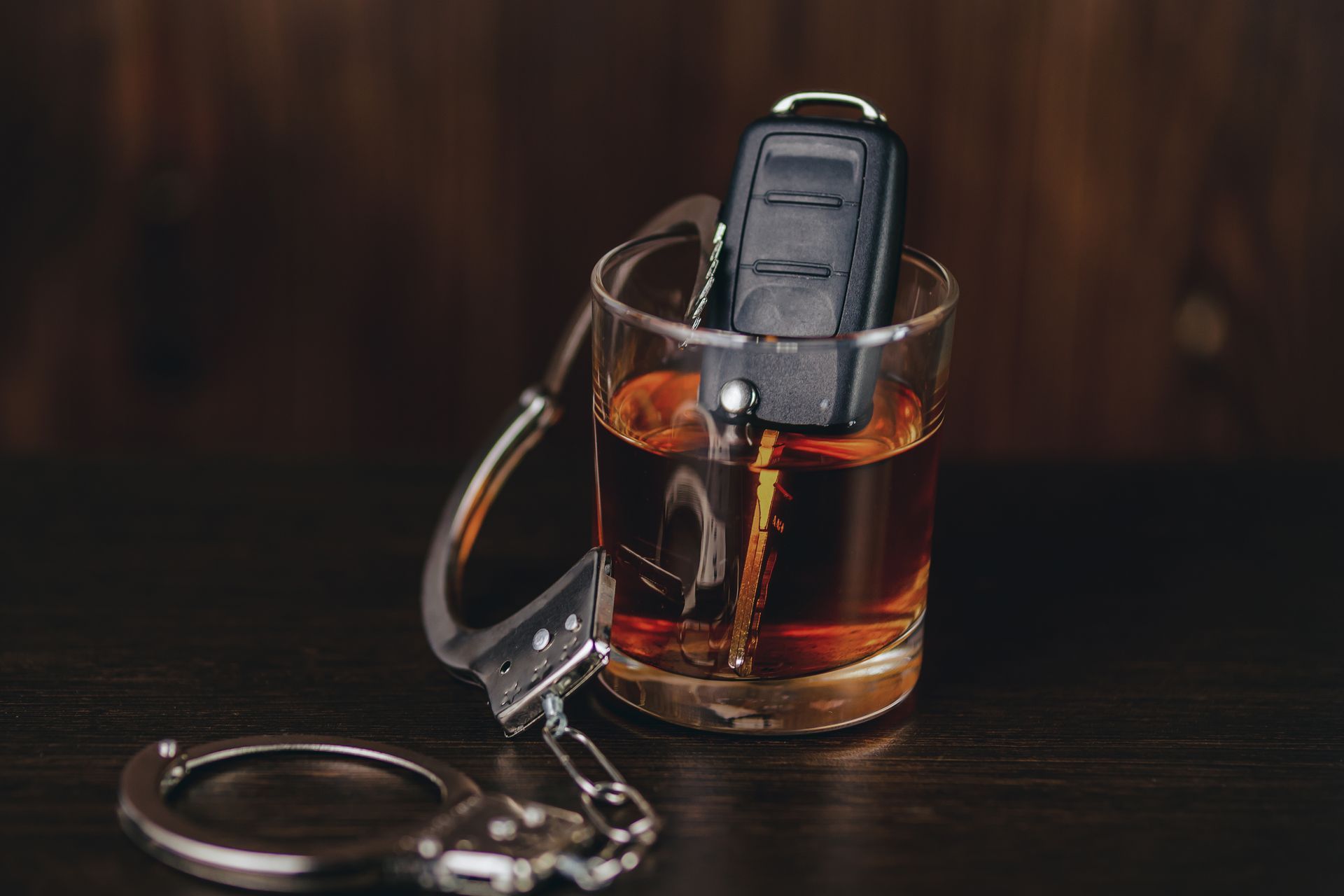 A car key fob inside a glass of amber liquid next to a pair of handcuffs on a dark wooden surface.