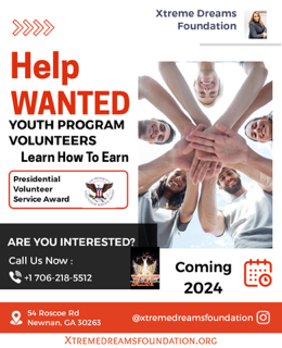 Help wanted flyer for youth program volunteers at Xtreme Dreams Foundation, with stacked hands and contact details.