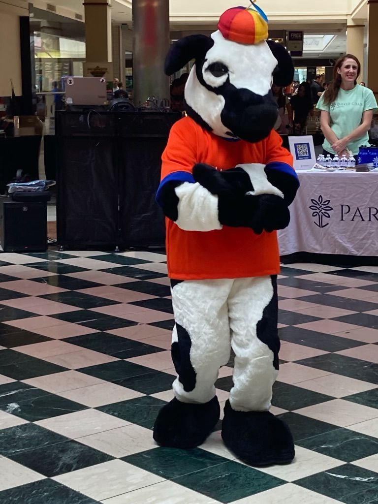 Mascot in orange shirt and rainbow cap standing indoors on a checkered floor with arms crossed