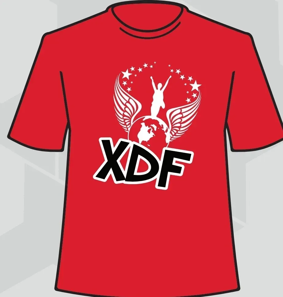 Red T-shirt with white winged figure and bold black “XDF” logo on the front.
