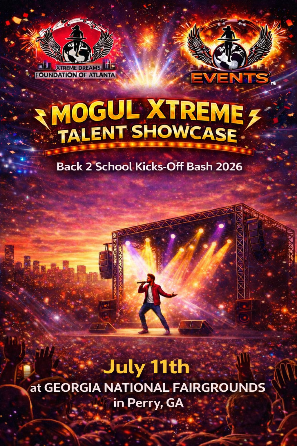 Mogul Xtrem Talent Showcase poster with stage lights, performers, and July 11th at Georgia National Fairgrounds, Perry, GA