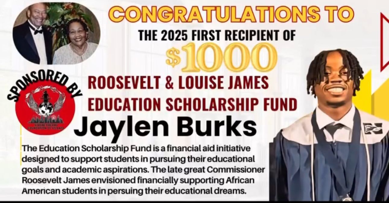 Poster announcing Jaylen Burks won a $1000 Roosevelt & Louise James Education Scholarship Fund award