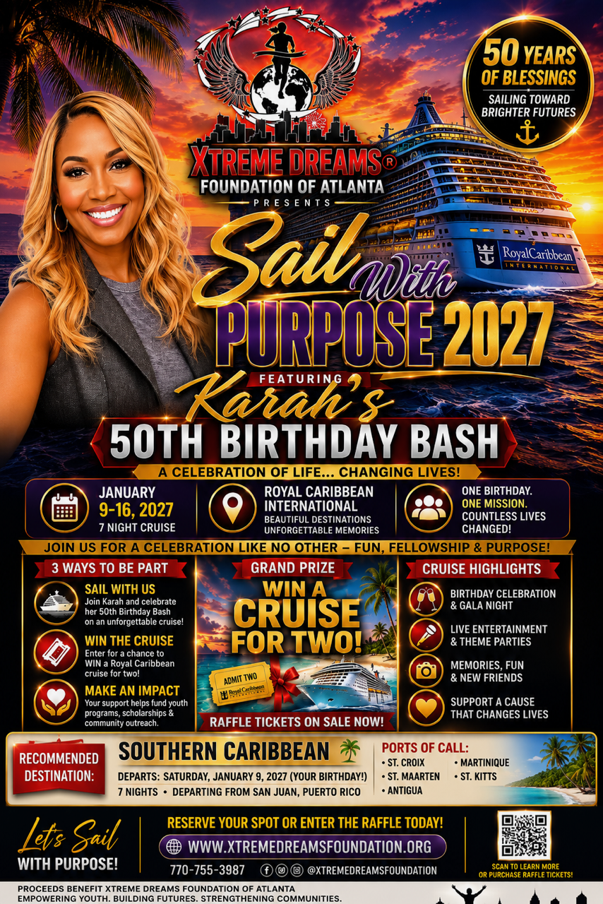 Cruise party flyer for โSail for the Purpose 2027โ featuring a ship, palm trees, and โ50th birthday bashโ text