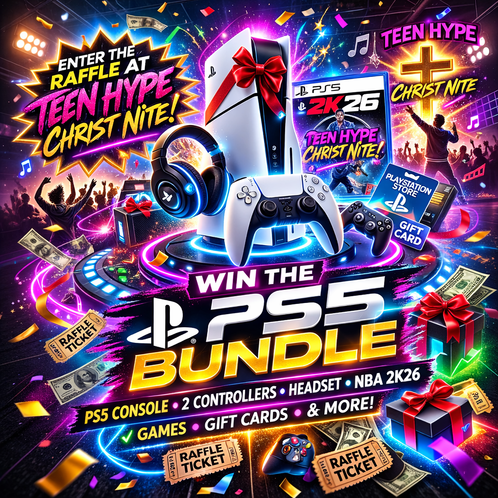 Neon gaming raffle promo for a PS5 bundle with console, controllers, headset, NBA 2K26, gift cards, and more