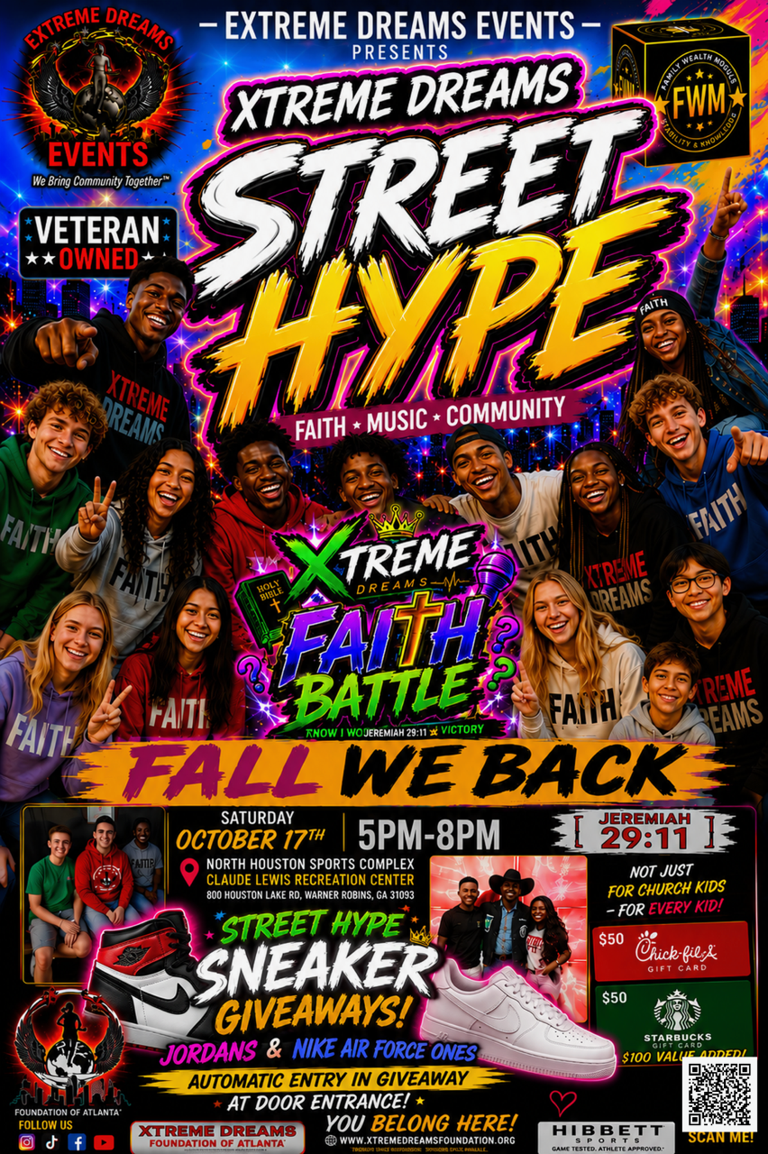 Promotional flyer for “Street Hype” with bold neon text, event details, performers, and sneaker giveaway information
