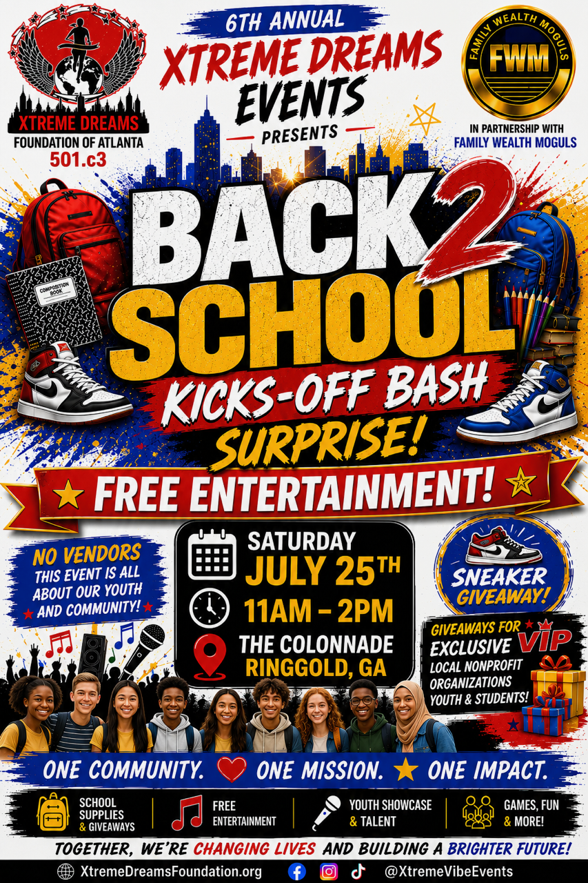 Colorful event poster for “Back 2 School Kick-Off Bash” with free entertainment, July 25, 11am–2pm in The Colony, TX