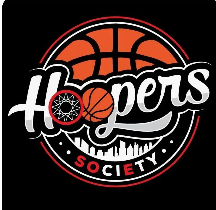Hopers Society basketball logo in black, red, and white with hoop and skyline design