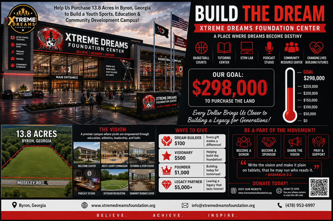 Luxury waterfront home ad with city skyline, “Build the Dream,” $298,000, and property features shown