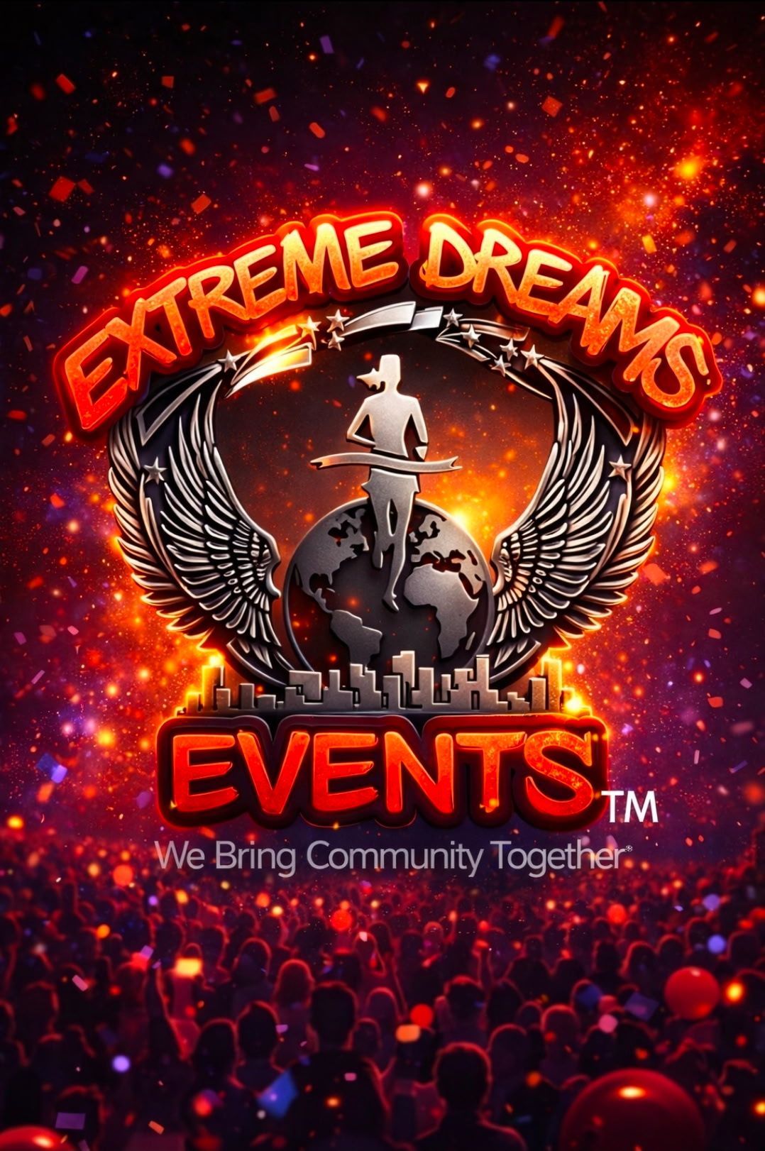 Extreme Dreams Events logo with winged globe, fiery orange glow, and red crowd lights