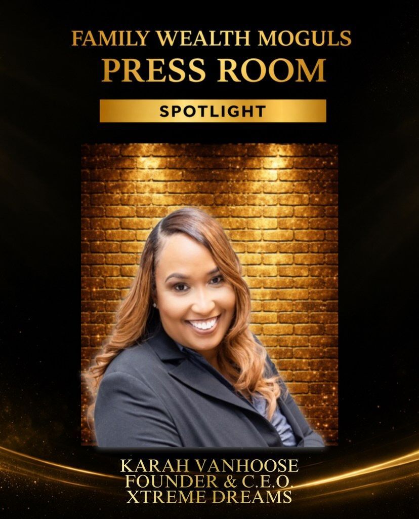 Press room spotlight poster featuring Karah Vanhouse smiling before a gold brick backdrop.