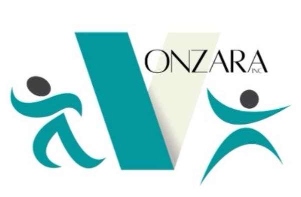 ONZARA logo with teal and black abstract figures around a large teal “V” shape