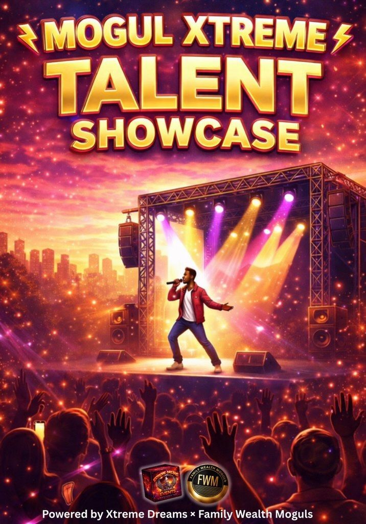 Mogul Xtreme Talent Showcase poster with a performer onstage under bright purple and gold lights