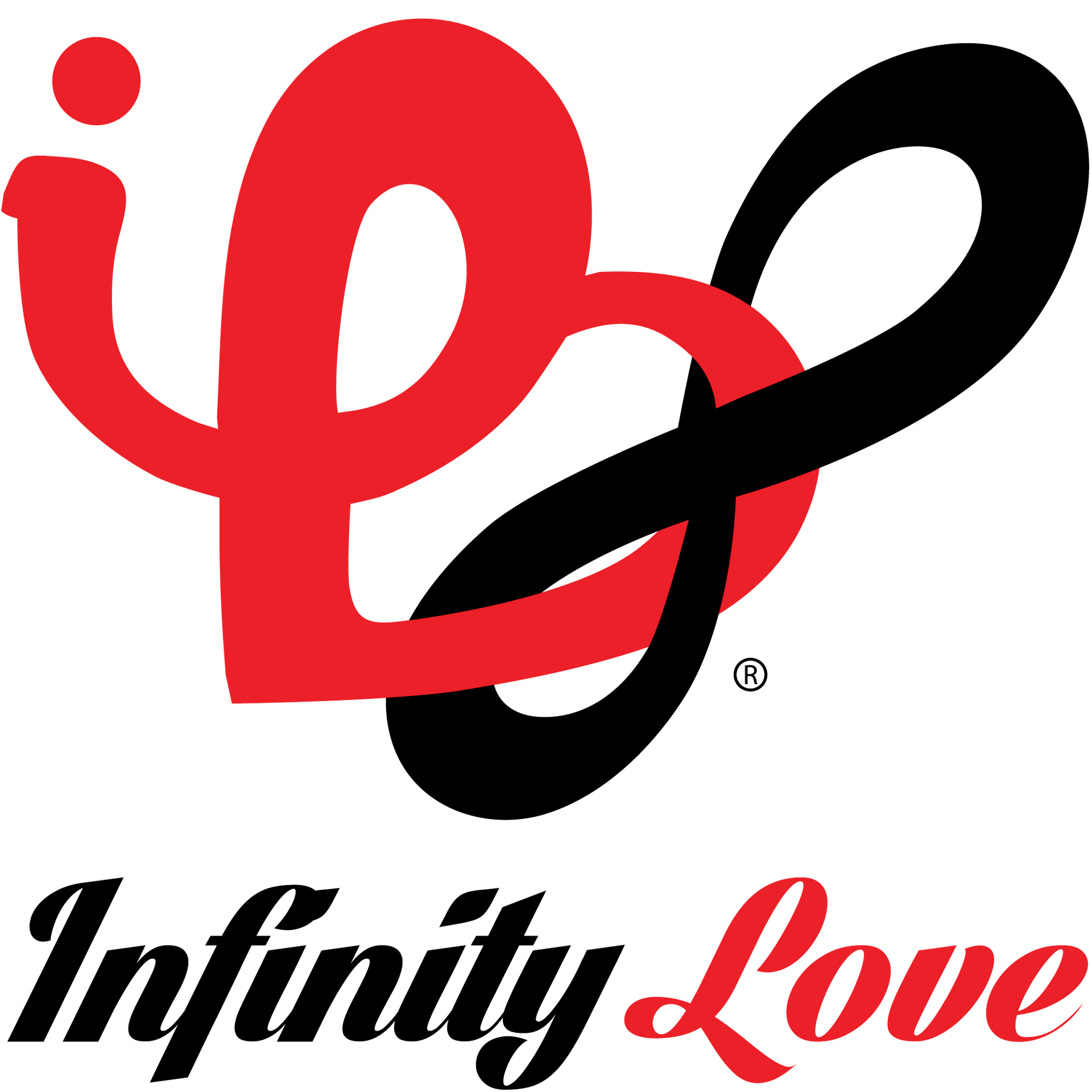 Infinity Love logo in red and black script with a stylized heart-like swirl, on a white background