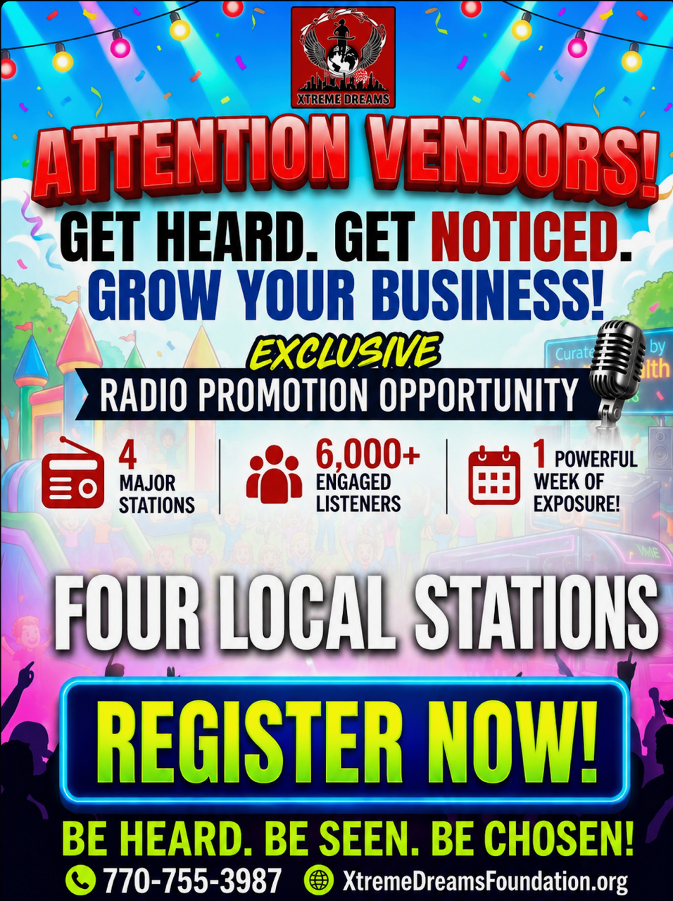 Promotional ad: “Attention Vendors” radio promotion with four local stations and “Register Now” callout in bright colors