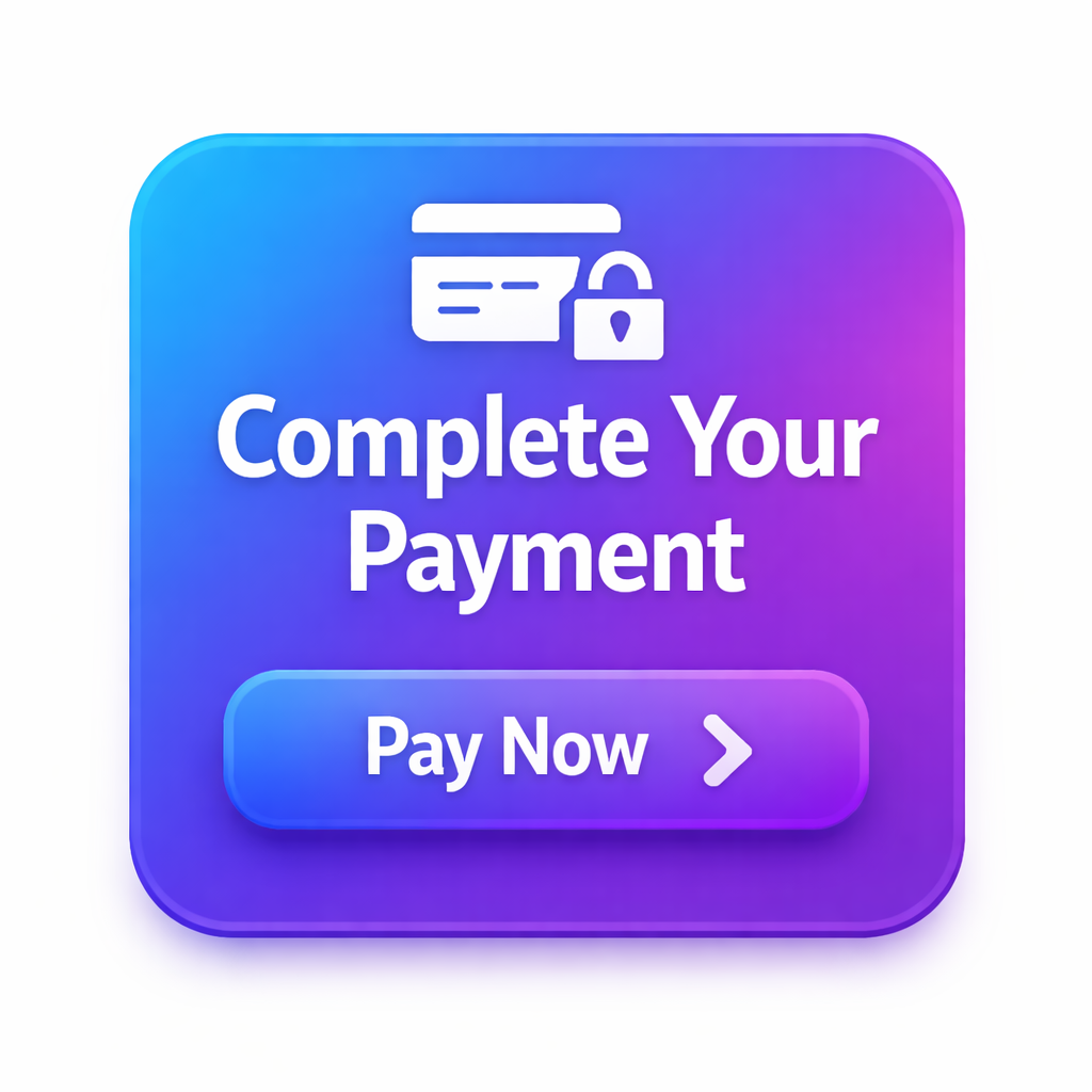 Purple-blue payment prompt with lock icon and “Pay Now” button, text: “Complete Your Payment”