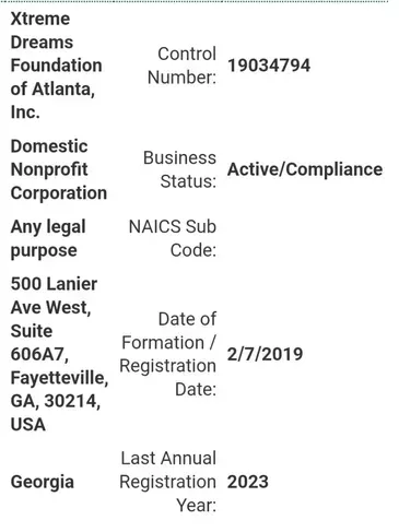 Xtreme Dreams Foundation of Atlanta nonprofit registration details, including active status and dates