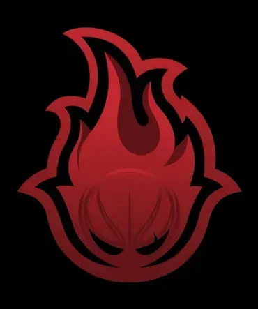 Red flame logo with a stylized dark face icon in the center