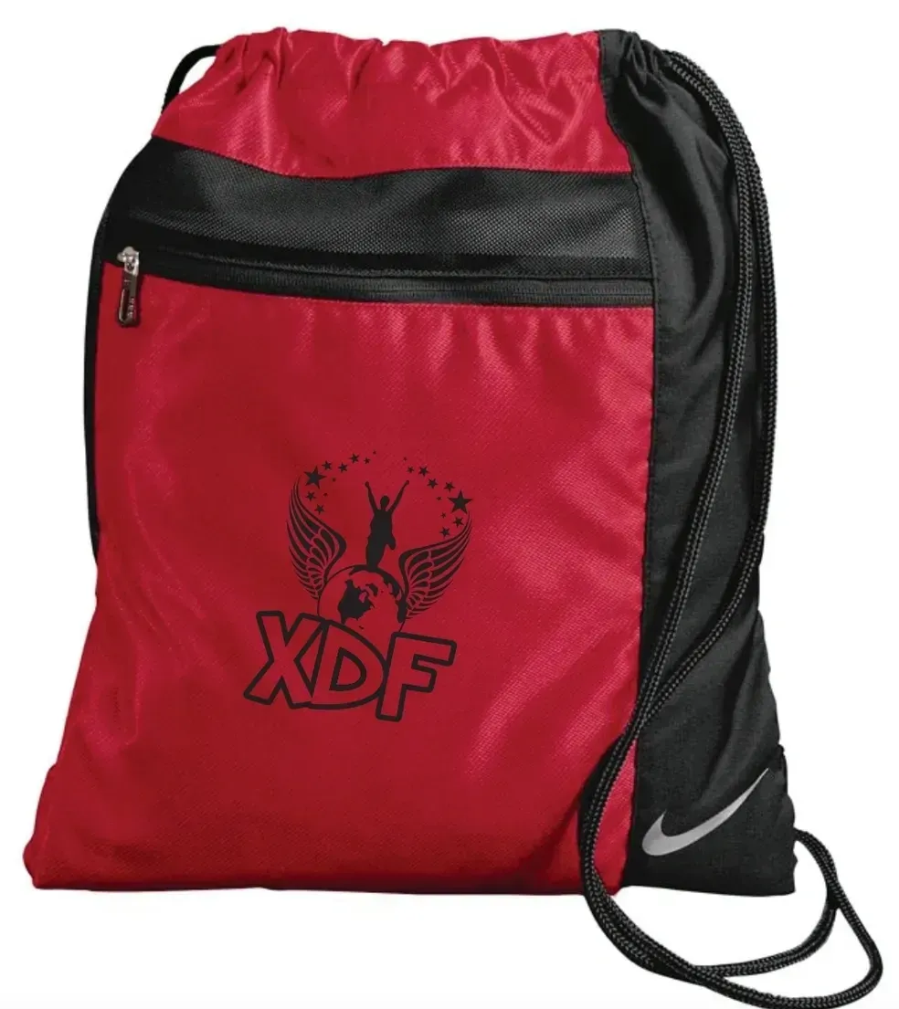 Red and black Nike drawstring backpack with XDF logo.
